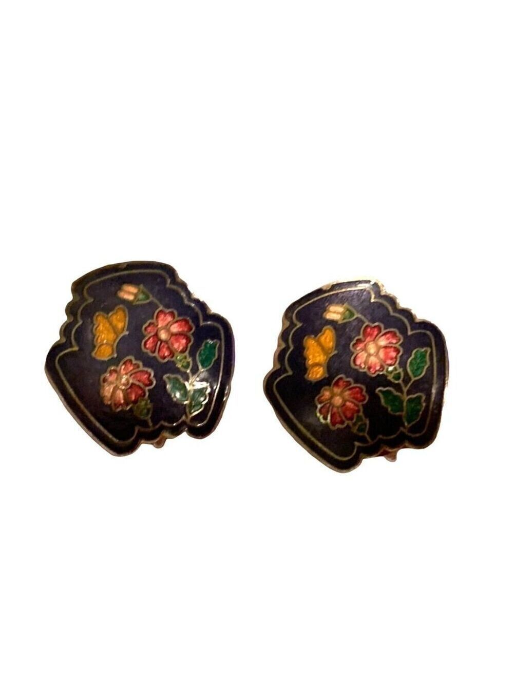 Vintage Floral Cloisonne Earrings Clip On Enamel Blue Pink Flower Butterfly